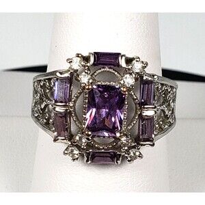 Vintage Sterling Silver 925 Art Deco Amethyst Emerald Cut Stone Ring size 9.5